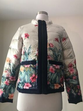 Tommy Bahama Hawaii Floral Leaves Beachy Blossoms Puffer White Jacket‎ Duck Down